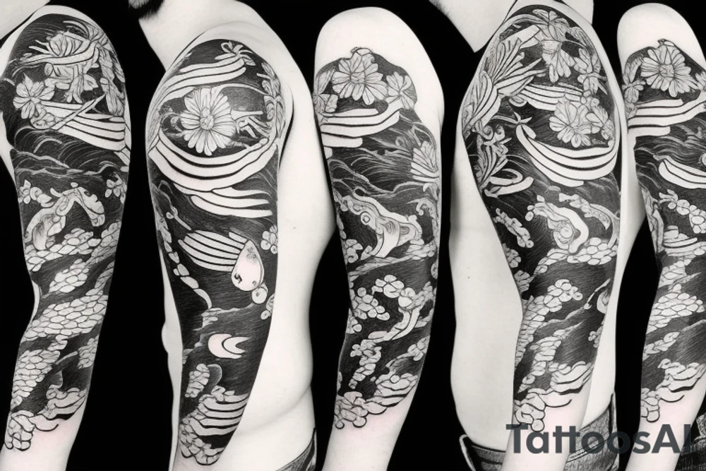 Koi Fish on arm with japanese water waves and japanese flowers tattoo idea