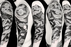 Koi Fish on arm with japanese water waves and japanese flowers tattoo idea
