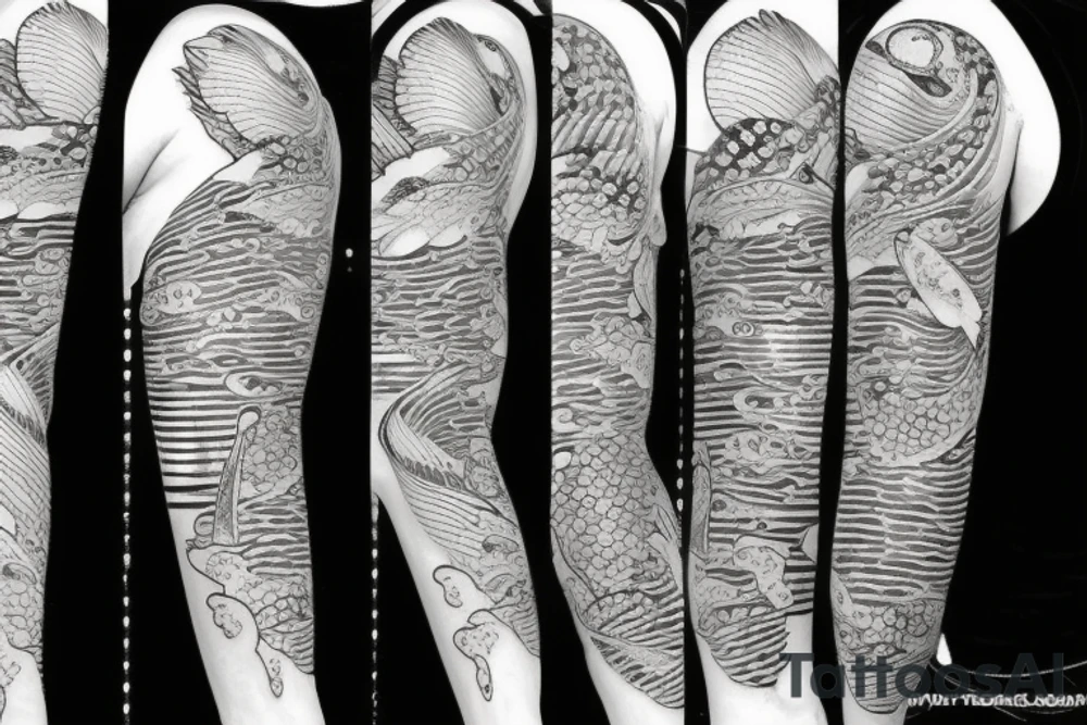 Koi Fish on arm with japanese water waves and japanese flowers tattoo idea