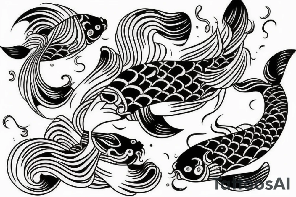 Koi Fish with japanese water waves and japanese flowers tattoo idea