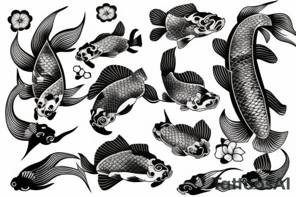 Koi Fish with japanese water waves and japanese flowers tattoo idea