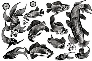 Koi Fish with japanese water waves and japanese flowers tattoo idea