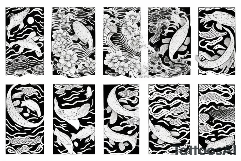 Koi Fish with japanese water waves and japanese flowers tattoo idea