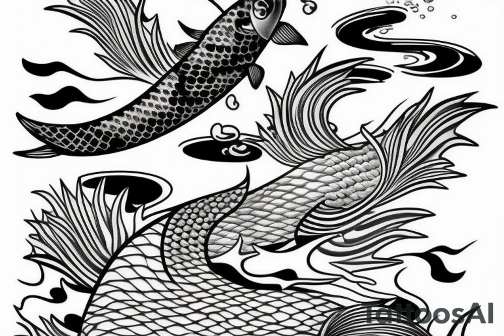 Koi Fish with japanese water waves and japanese flowers tattoo idea