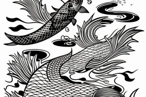 Koi Fish with japanese water waves and japanese flowers tattoo idea