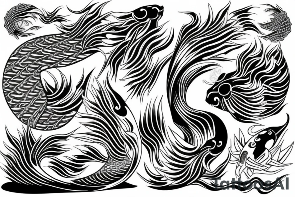 Koi Fish with japanese water waves and japanese flowers tattoo idea