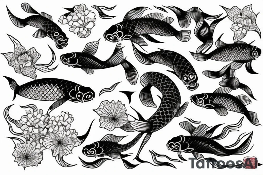 Koi Fish with japanese water waves and japanese flowers tattoo idea