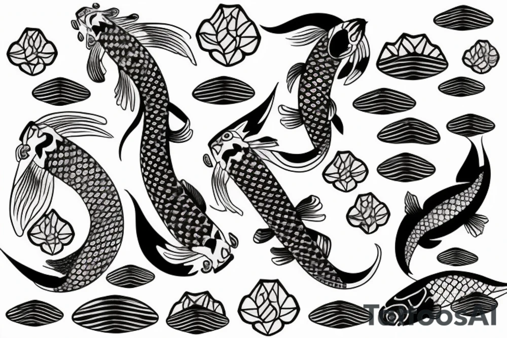 Koi Fish with japanese water waves and japanese flowers tattoo idea