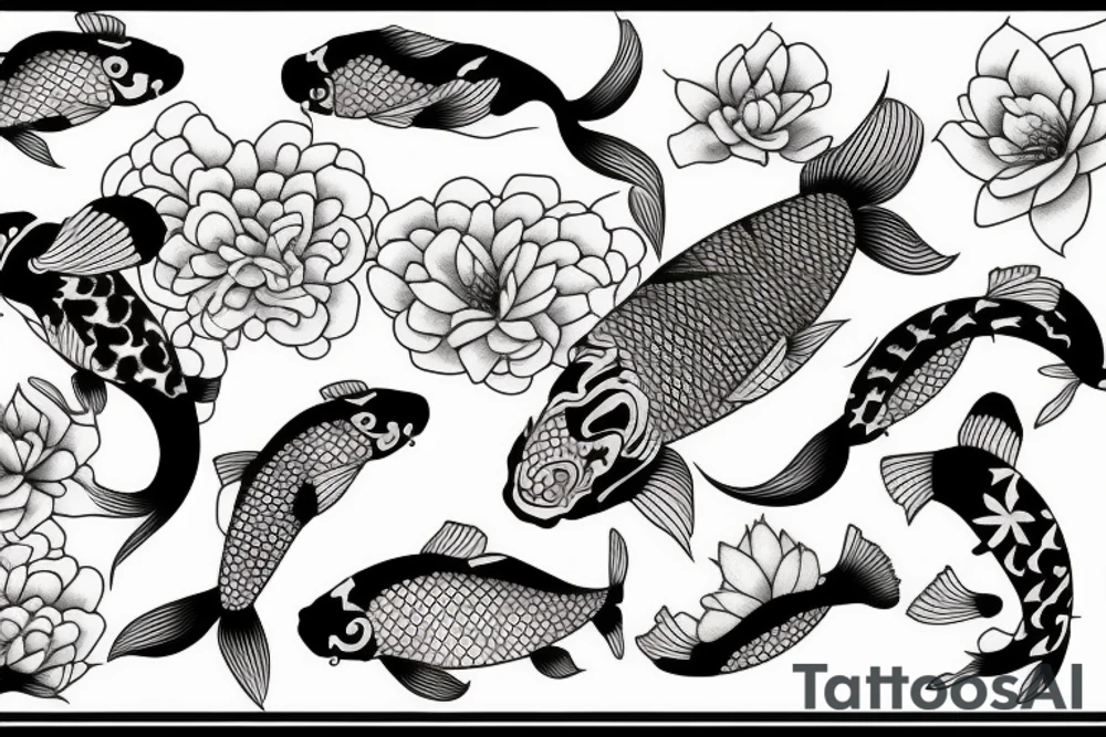Koi Fish with japanese water waves and japanese flowers tattoo idea