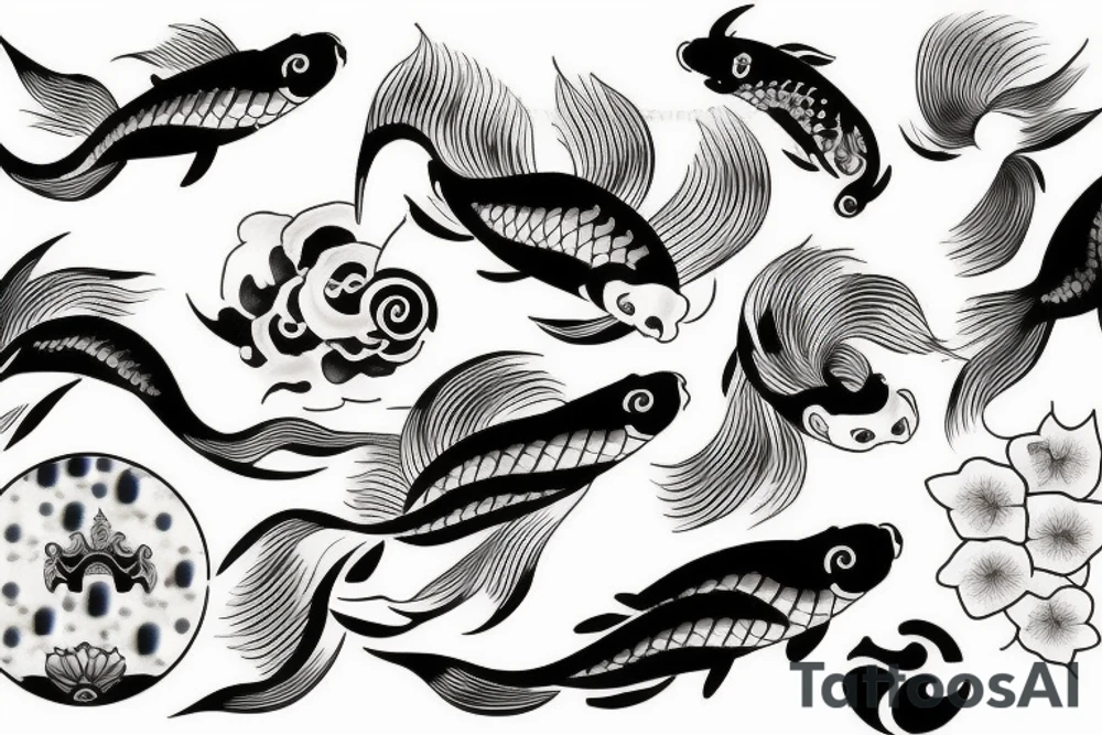 Koi Fish with japanese water waves and japanese flowers tattoo idea