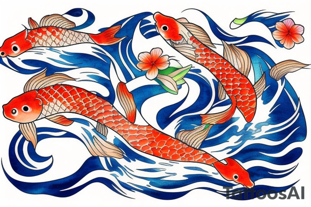 Koi Fish with japanese water waves and japanese flowers tattoo idea