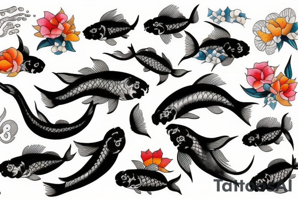 Koi Fish with japanese water waves and japanese flowers tattoo idea