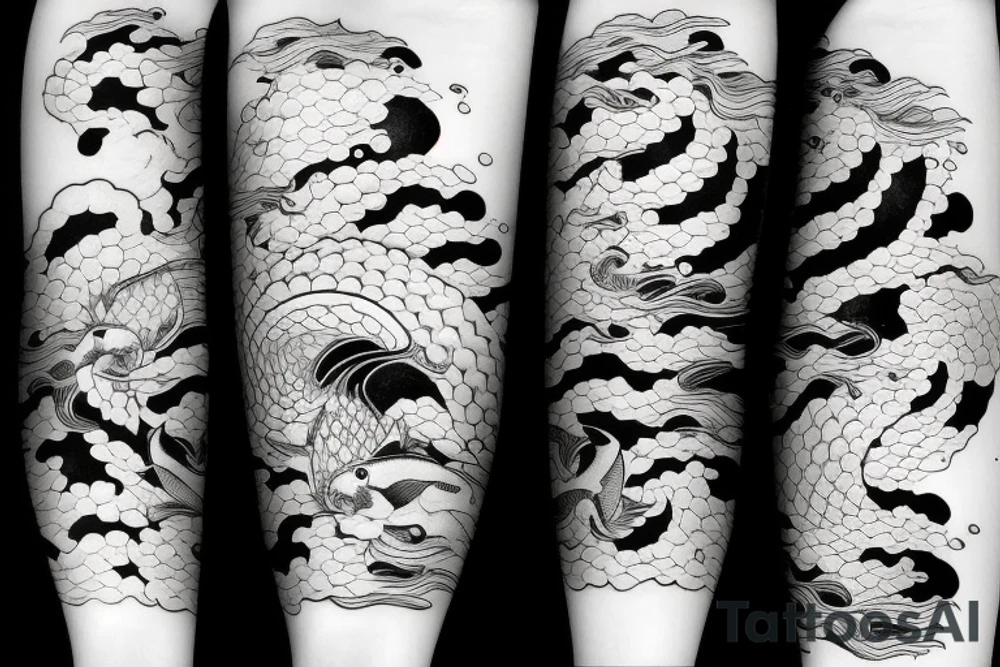 Koi Fish with japanese water waves and japanese flowers tattoo idea