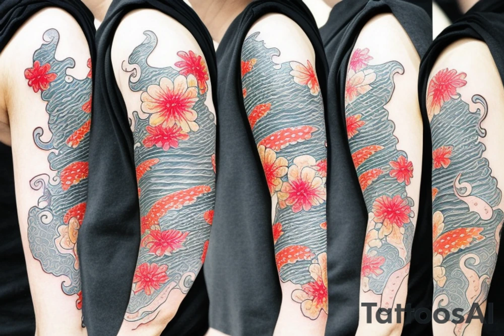 Koi Fish with japanese water waves and japanese flowers tattoo idea