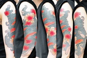 Koi Fish with japanese water waves and japanese flowers tattoo idea