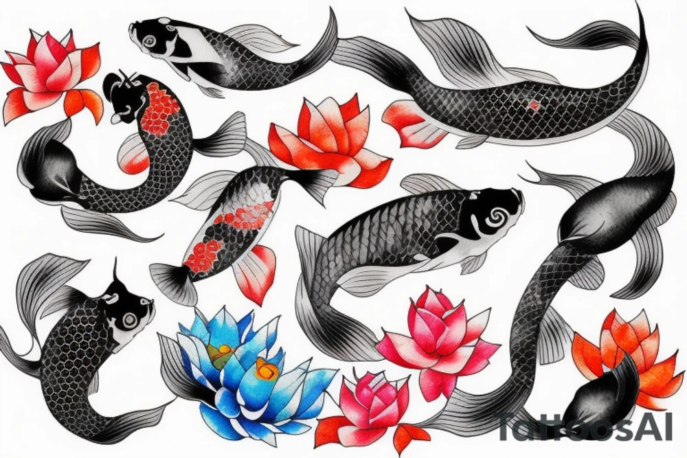Koi Fish with japanese water waves and japanese flowers tattoo idea