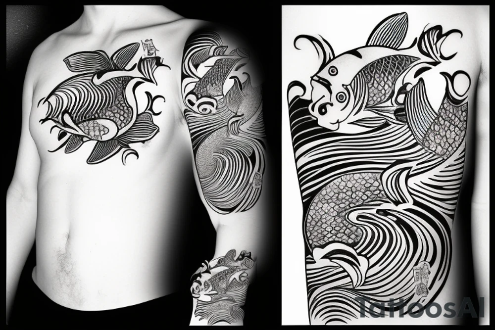Koi Fish with japanese water waves and japanese flowers tattoo idea