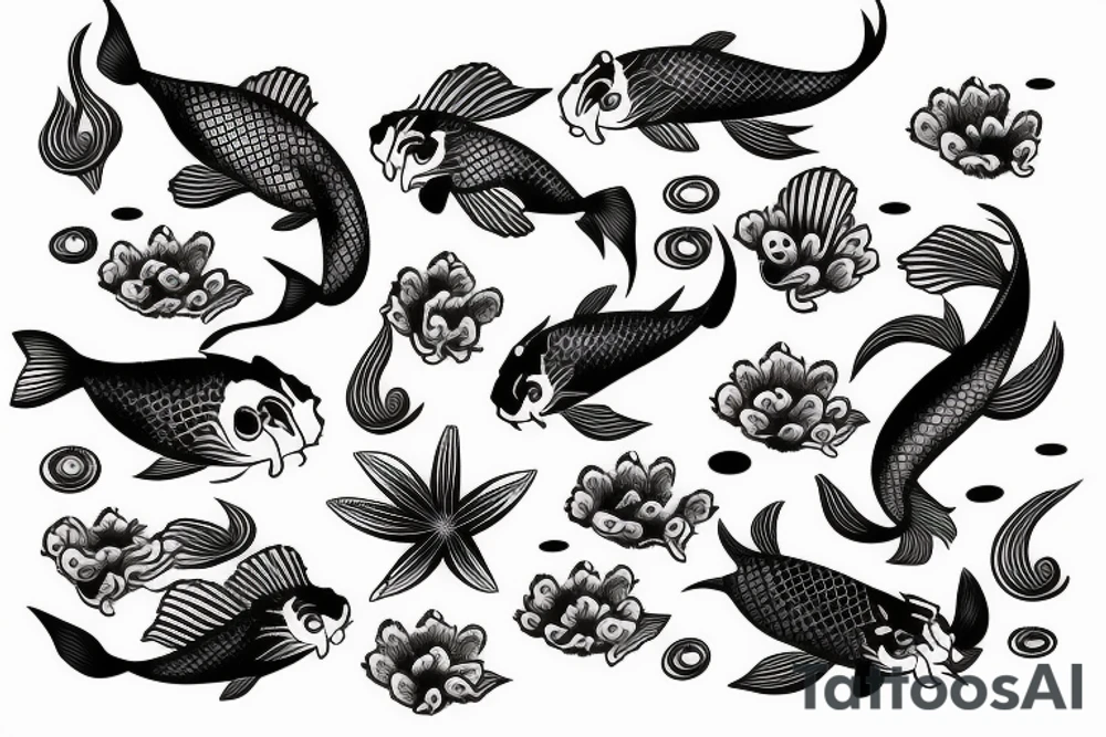 Koi Fish with japanese water waves and japanese flowers tattoo idea