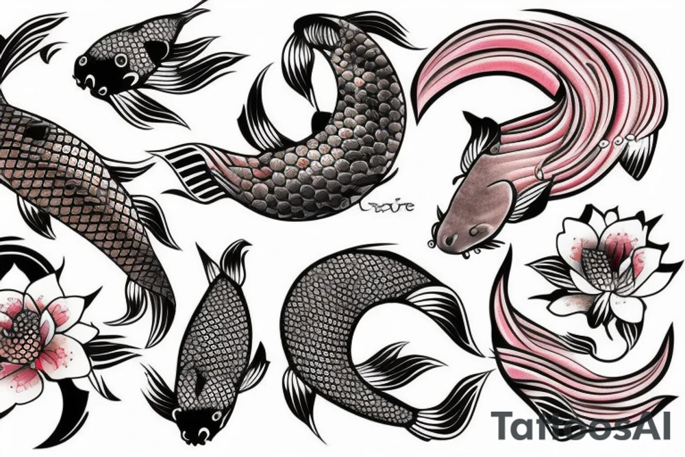 Koi Fish with japanese water waves and japanese flowers tattoo idea