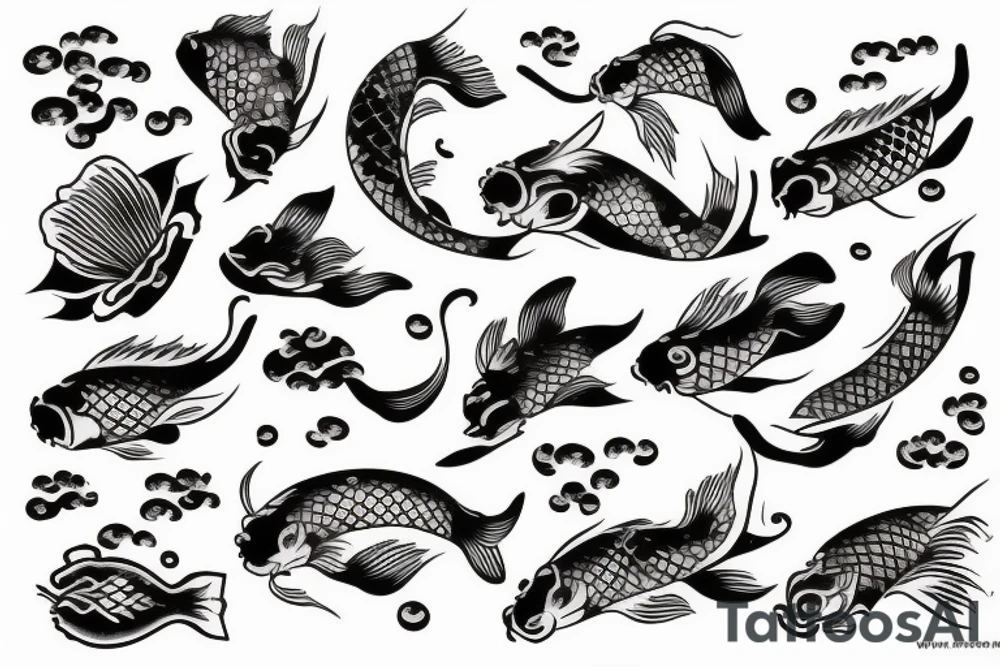 Koi Fish with japanese water waves and japanese flowers tattoo idea