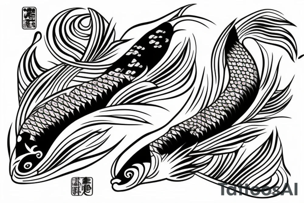 Koi Fish with japanese water waves and japanese flowers tattoo idea