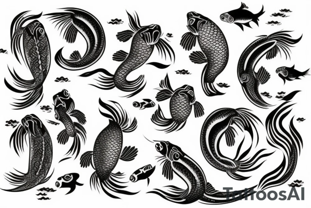 Koi Fish with japanese water waves and japanese flowers tattoo idea