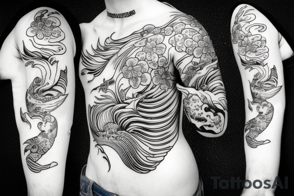 Koi Fish with japanese water waves and japanese flowers tattoo idea