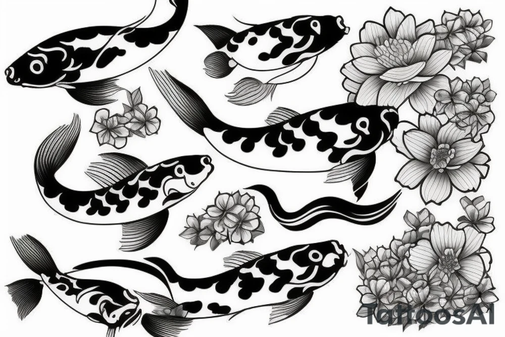 Koi Fish with japanese water waves and japanese flowers tattoo idea