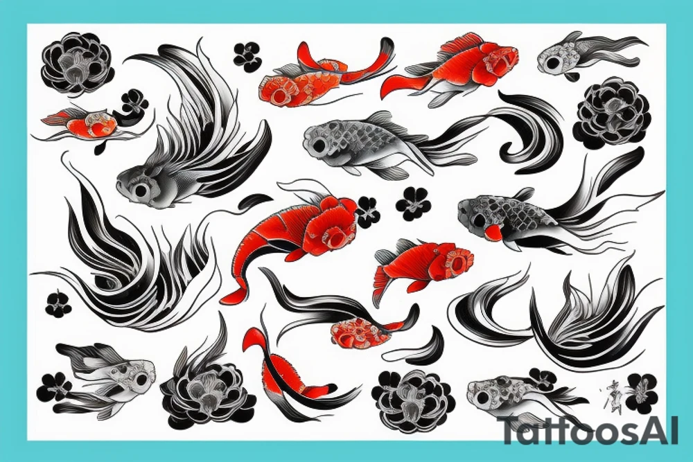 Koi Fish with japanese water waves and japanese flowers tattoo idea