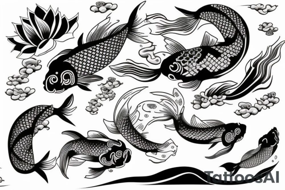 Koi Fish with japanese water waves and japanese flowers tattoo idea