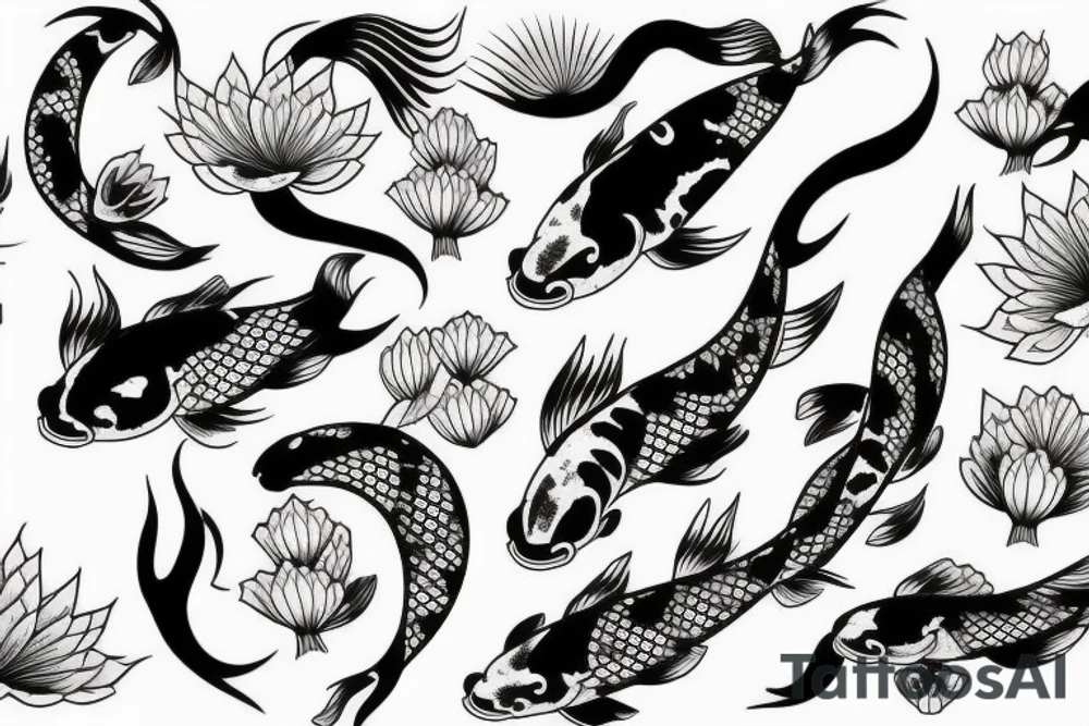 Koi Fish with japanese water waves and japanese flowers tattoo idea
