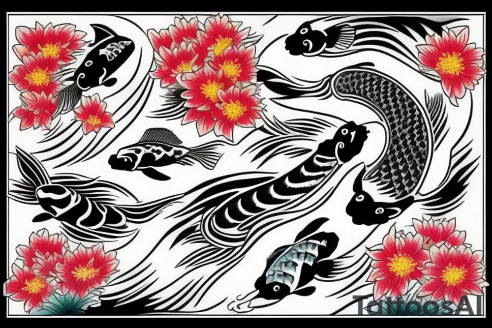 Koi Fish with japanese water waves and japanese flowers tattoo idea