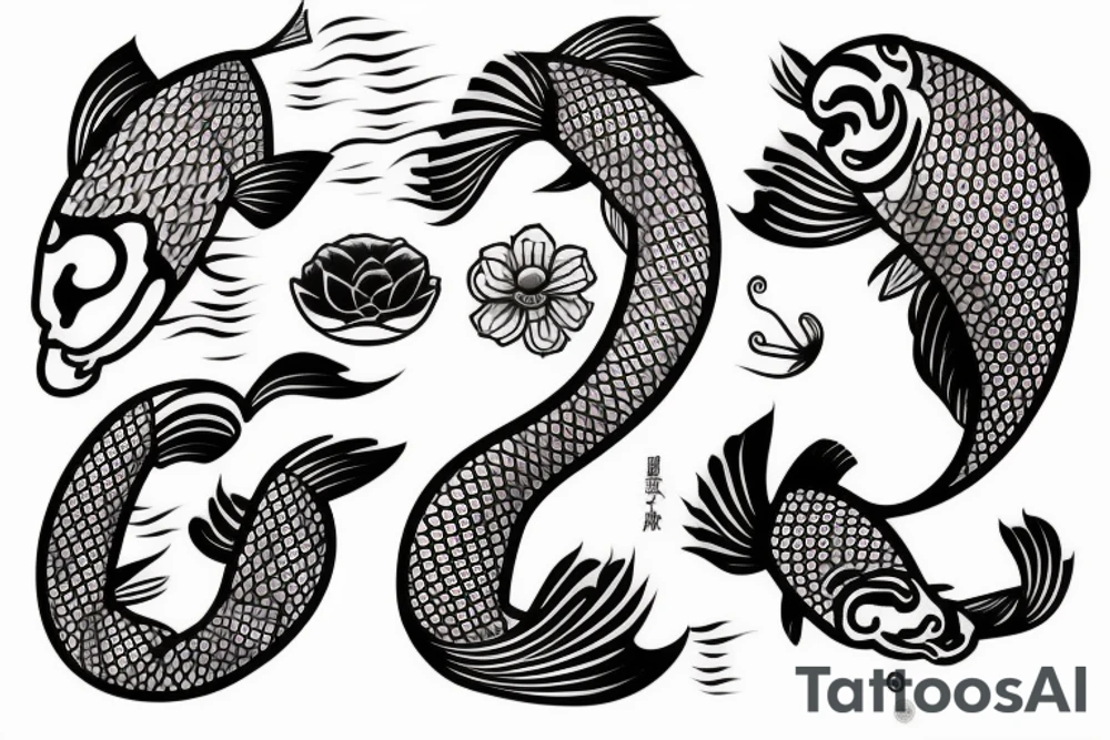 Koi Fish with japanese water waves and japanese flowers tattoo idea
