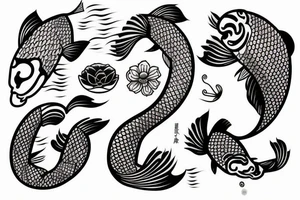 Koi Fish with japanese water waves and japanese flowers tattoo idea
