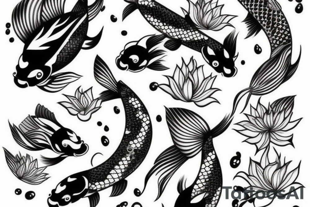 Koi Fish with japanese water waves and japanese flowers tattoo idea