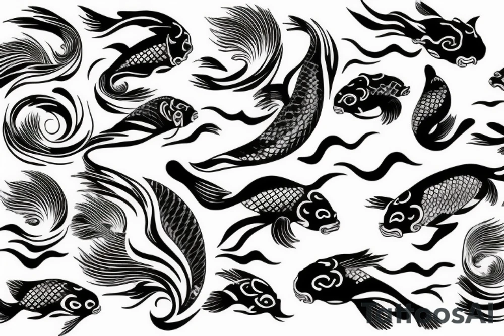 Koi Fish with japanese water waves and japanese flowers tattoo idea