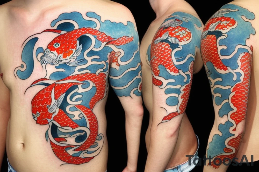 Koi Fish with japanese water waves and japanese flowers tattoo idea