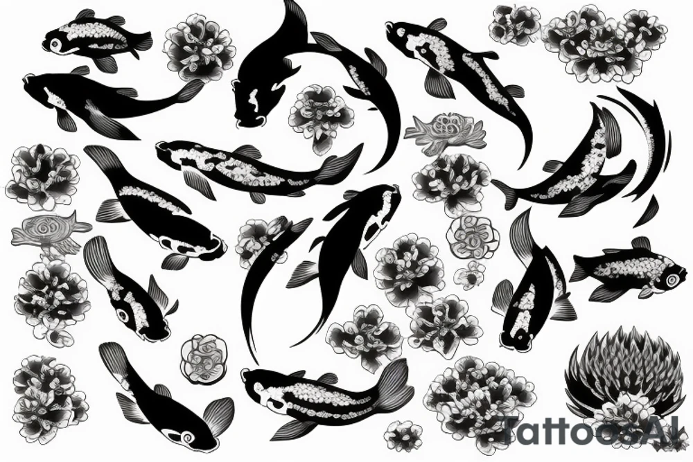 Koi Fish with japanese water waves and japanese flowers tattoo idea