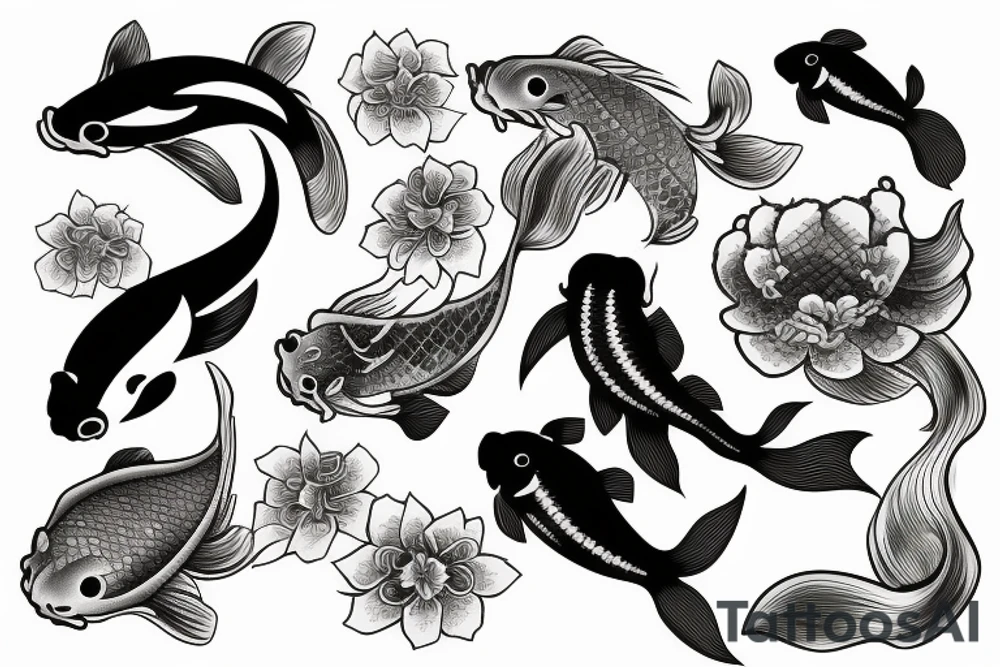 Koi Fish with japanese water waves and japanese flowers tattoo idea
