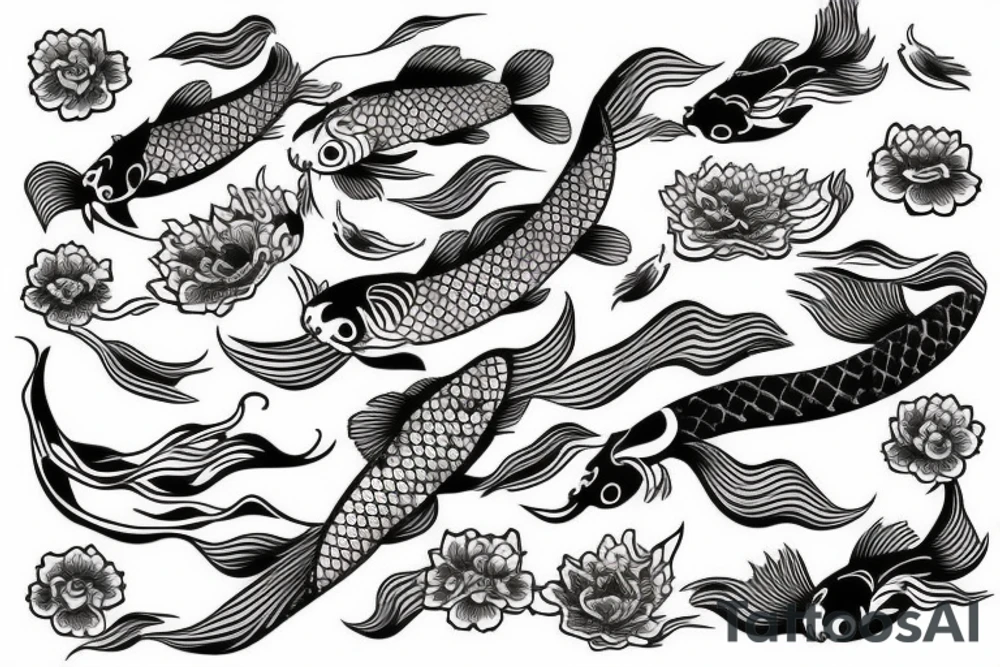 Koi Fish with japanese water waves and japanese flowers tattoo idea