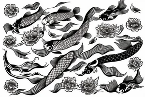 Koi Fish with japanese water waves and japanese flowers tattoo idea
