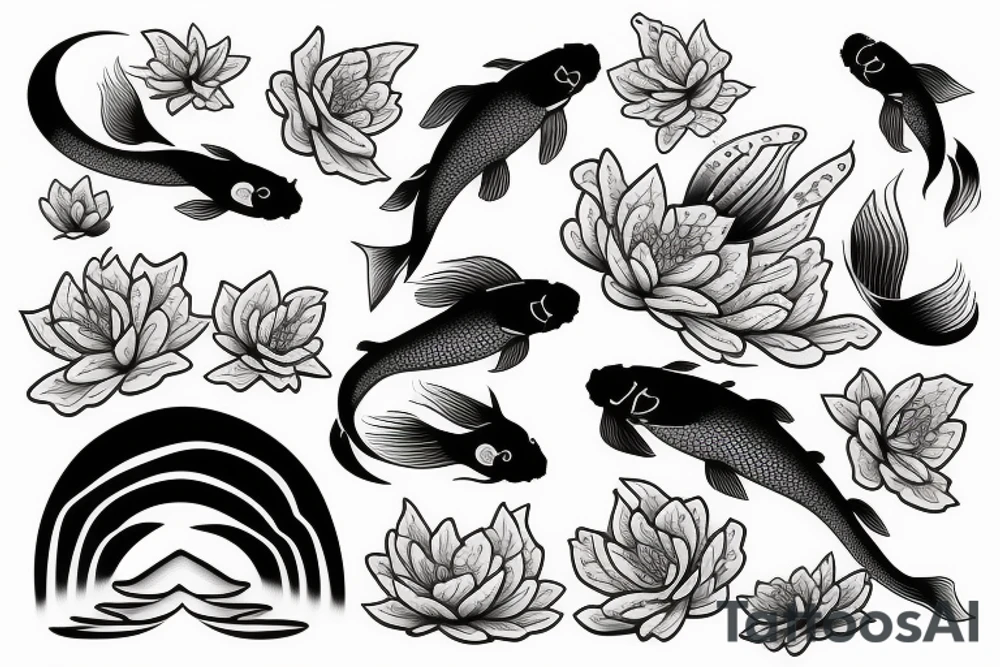 Koi Fish with japanese water waves and japanese flowers tattoo idea