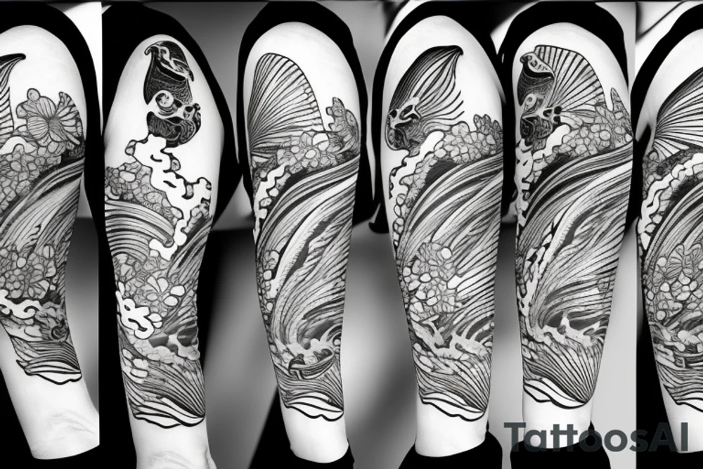Koi Fish with japanese water waves and japanese flowers tattoo idea