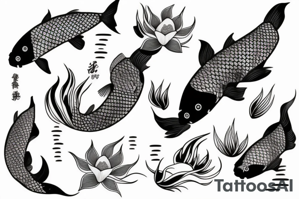 Koi Fish with japanese water waves and japanese flowers tattoo idea