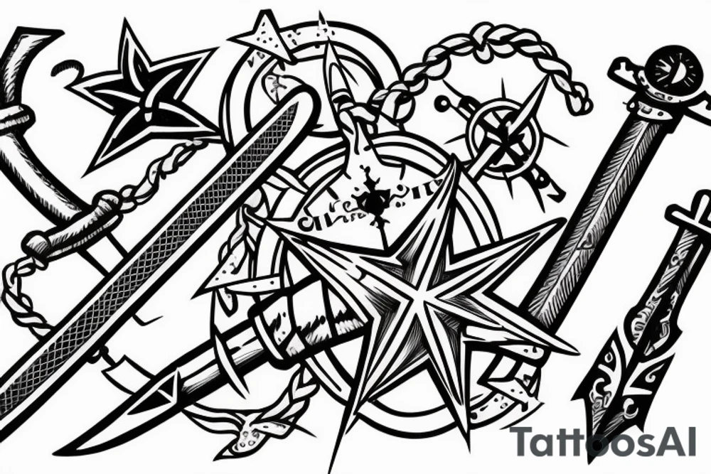 A sword with a nautical star and incorporated and a four de li at the hilt tattoo idea