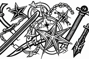 A sword with a nautical star and incorporated and a four de li at the hilt tattoo idea