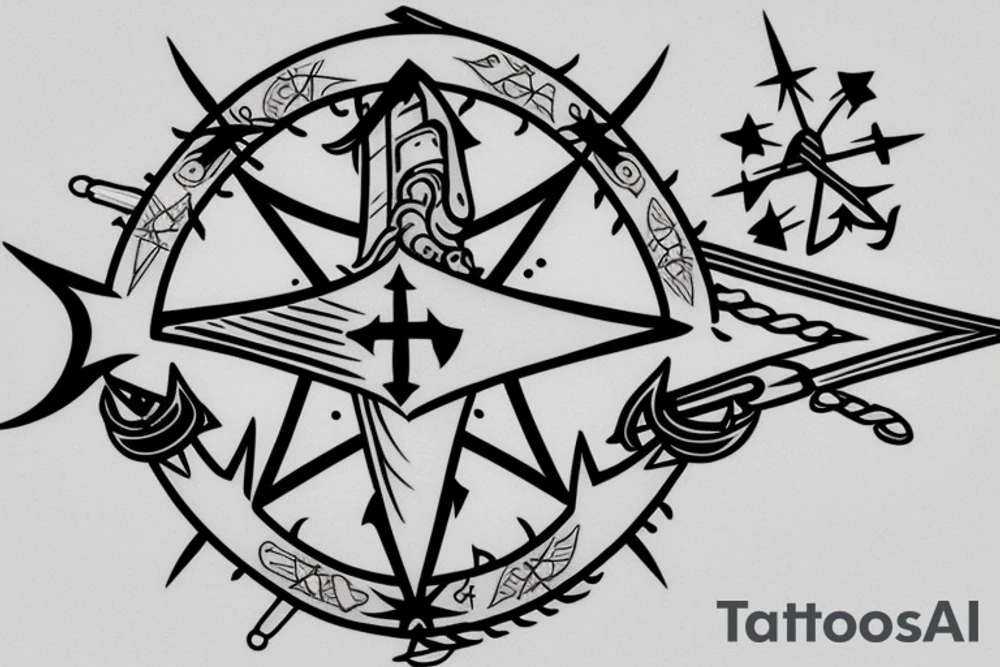 A sword with a nautical star and incorporated and a four de li at the hilt tattoo idea