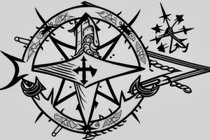 A sword with a nautical star and incorporated and a four de li at the hilt tattoo idea