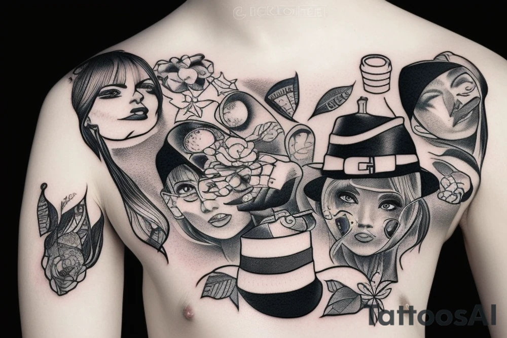 Black can in funny hat with black sweater tattoo idea