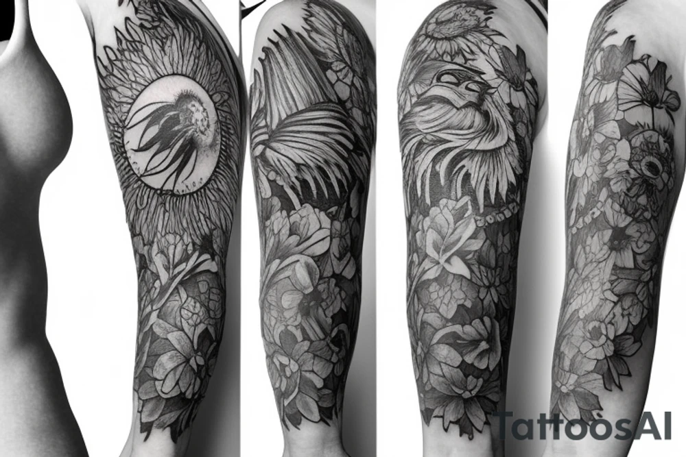 Sleeve with Wakefield cathedral, the flower called gerbera, a lion face(full mane with a crown on top)
And 2 doves tattoo idea